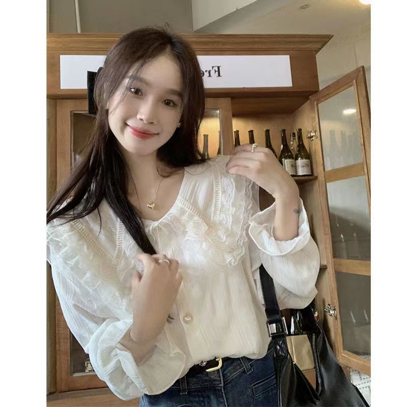 Áo Sơ Mi Tay Dài Cổ Búp Bê Phối Ren Thời Trang Mùa Xuân Xinh Xắn Cho Nữ
