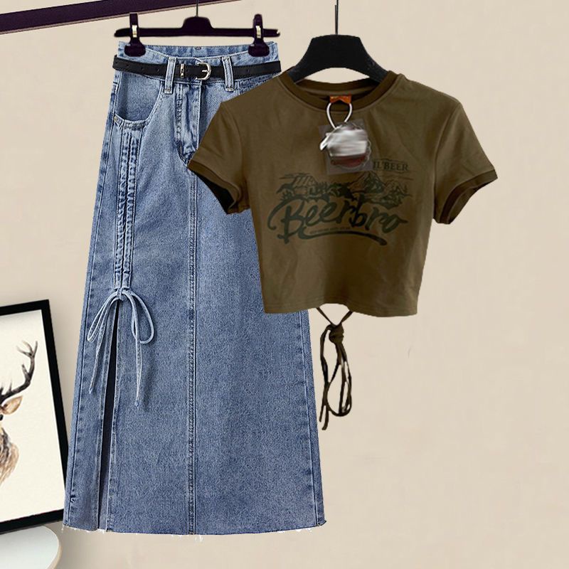 Set Áo Thun Ngắn Tay + Chân Váy Denim Thời Trang Hè 2023 Cho Nữ