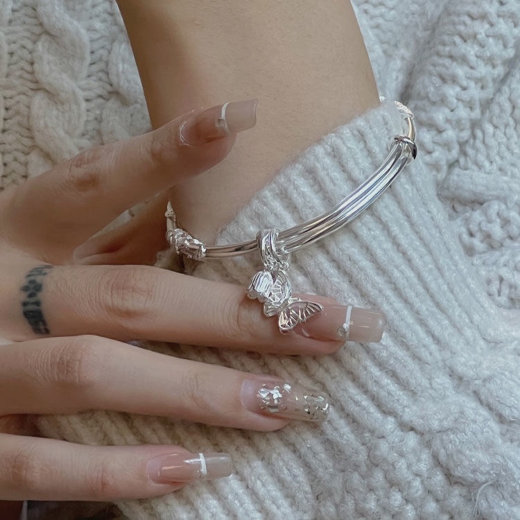 Vòng Đeo Tay Dạng Trượt Màu Trơn Họa Tiết Hoa Và Bướm Có Thể Điều Chỉnh Phong Cách niche Cao Cấp @