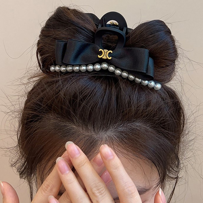 Kẹp Tóc Hình Nơ Đính Ngọc Trai Đen Phong Cách Hàn Quốc Chất Lượng Cao