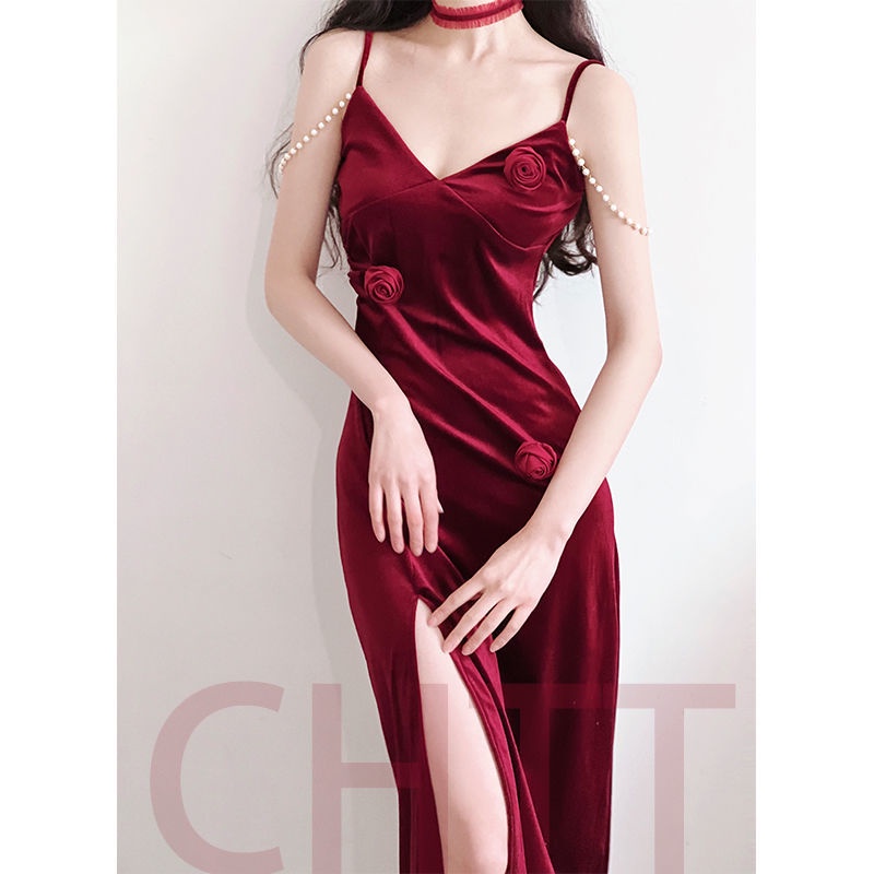 Váy nhung kiểu Pháp lãng mạn ngọc trai hoa hồng khí chất Vintage cảng gió không khí cảm giác treo váy dài buổi tối đầm host