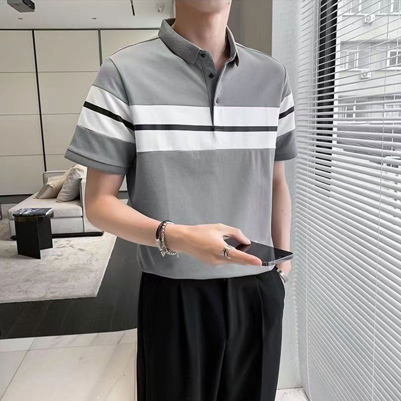 Áo polo Tay Lửng Dáng Rộng Họa Tiết Kẻ Sọc Thời Trang Mùa Hè Cho Nam