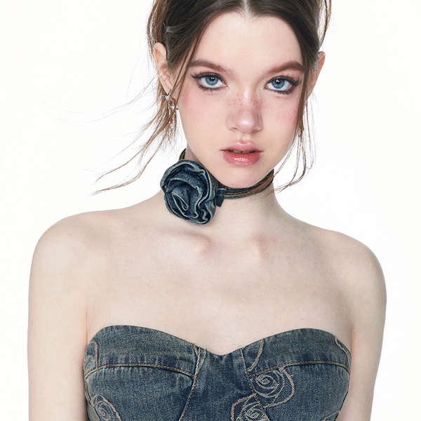 (Hàng Có Sẵn) Vòng Cổ choker Buộc Dây Ba Chiều Màu Trơn Đính Hoa Hồng ICEONME Niche Cổ Điển Hot Girl