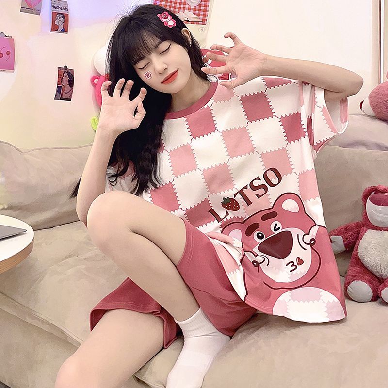 Bộ Đồ Ngủ Tay Ngắn Dáng Rộng In Hoạt Hình Gấu Dâu Tây Thời Trang Mùa Hè 2023 Cho Bạn Gái