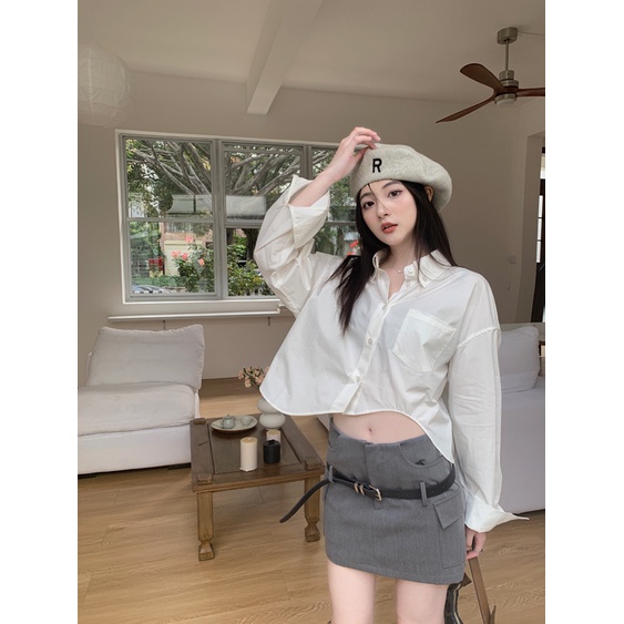 QKOOLE Áo sơ mi nữ  dài tay cổ bẻ dáng rộng thời trang Hàn Quốc