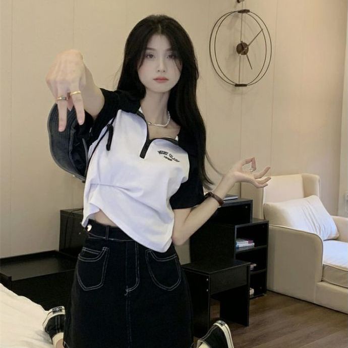 Jiashucheng Áo Thun polo Ngắn Tay Ôm Dáng Thời Trang Hàn Quốc Dễ Phối Đồ Cho Nữ