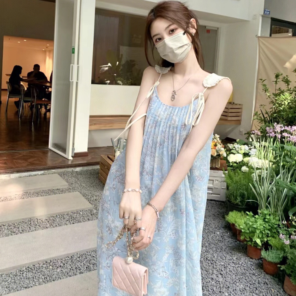 Đầm Lửng Hai Dây Dáng Rộng Phong Cách Hàn Quốc Thời Trang Mùa Hè Dành Cho Nữ