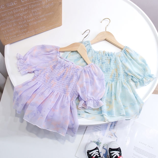 Áo Sơ Mi Chiffon Tay Phồng In Hoa Kiểu Hàn Quốc Thời Trang Mùa Hè Cho Bé Gái