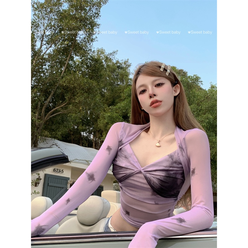 Cocory vn Áo Thun Tay Dài Dáng Ôm Cổ Chữ V Nhuộm Màu Thời Trang Cho Nữ