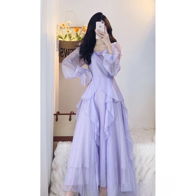 Đầm Dài Ôm Eo Cao Màu Tím Trơn Phong Cách Pháp Thanh Lịch Cho Nữ
