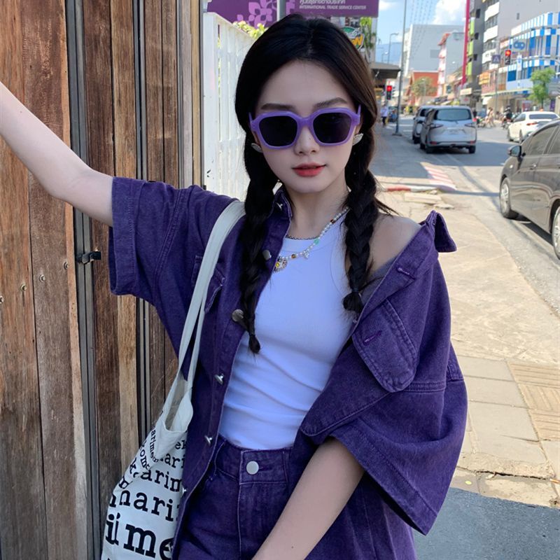 Kính Mát Tím Chống Tia UV400 Gọng Dày Phong Cách retro Nhật Bản