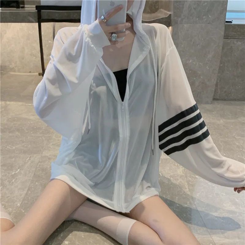 Áo Khoác Cardigan Mỏng Tay Dài Có Nón Họa Tiết Kẻ Sọc Thời Trang Mùa Hè Phong Cách Mới Dễ Phối Đồ#0316