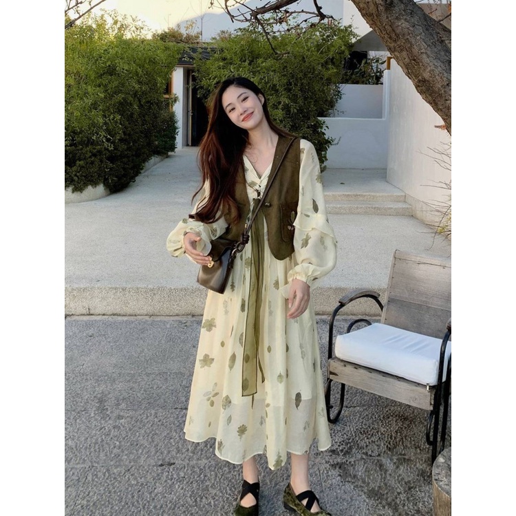 Đầm Chiffon Cổ Chữ V In Họa Tiết Hoa Phong Cách Vintage Pháp Thời Trang Mùa Hè 2023 Cho Nữ