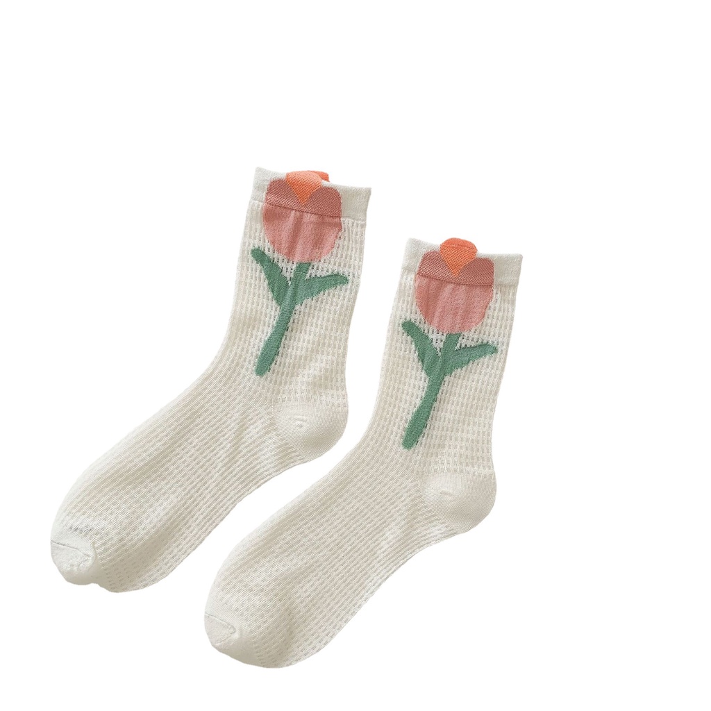 Tất lưới WAFNHA Kafu D797 mỏng thoáng khí ba chiều họa tiết hoa tulip phong cách Nhật Bản thời trang mùa hè cho nữ