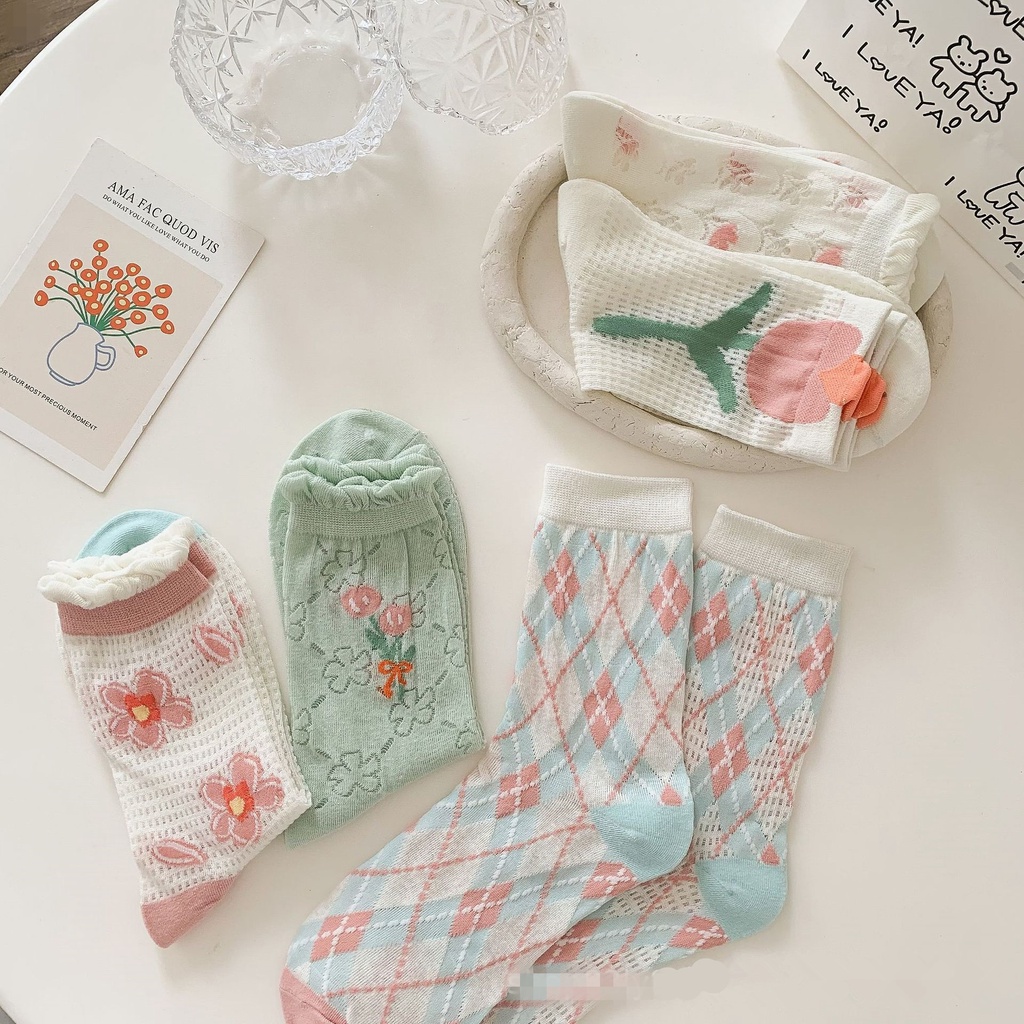 Tất lưới WAFNHA Kafu D797 mỏng thoáng khí ba chiều họa tiết hoa tulip phong cách Nhật Bản thời trang mùa hè cho nữ