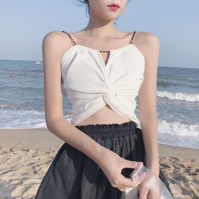 Áo Hai Dây Dáng Ngắn Xếp Ly Lưng Cao Thời Trang Xuân Hè Quyến Rũ Cho Nữ