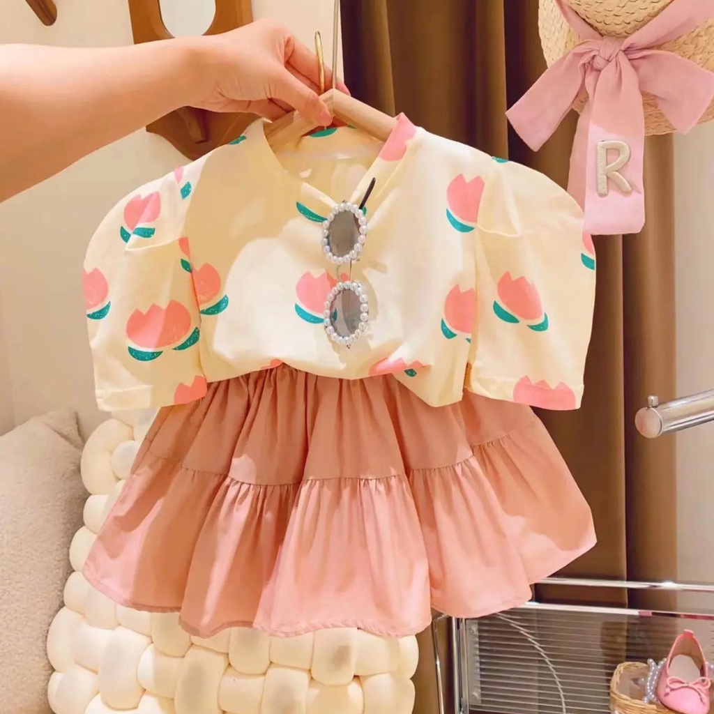 Bộ Áo Thun Tay Phồng + Chân Váy Xếp Tầng In Hoa Tulip Thời Trang Cho Bé Gái Hzffc0038