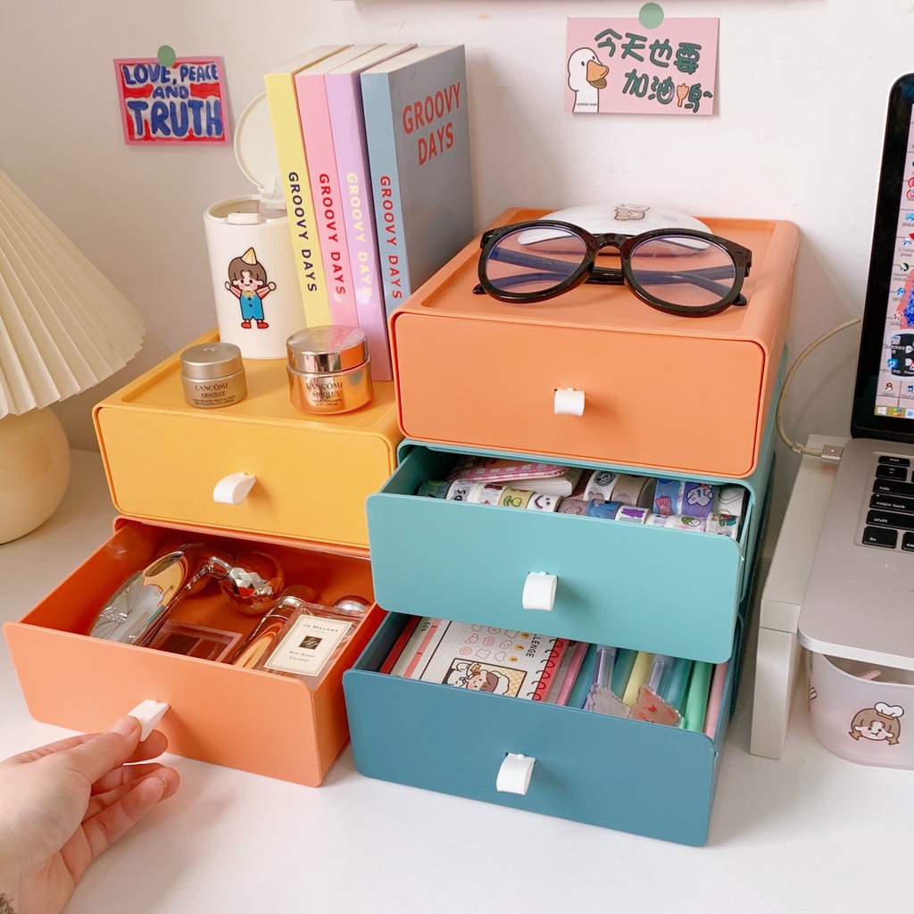 Hộp Đựng Đồ, Đựng Mỹ Phẩm Để Bàn Có Ngăn Kéo Màu Morandi Phiên Bản Hàn Quốc [ Hàng Loại 1, Hỏa Tốc ]