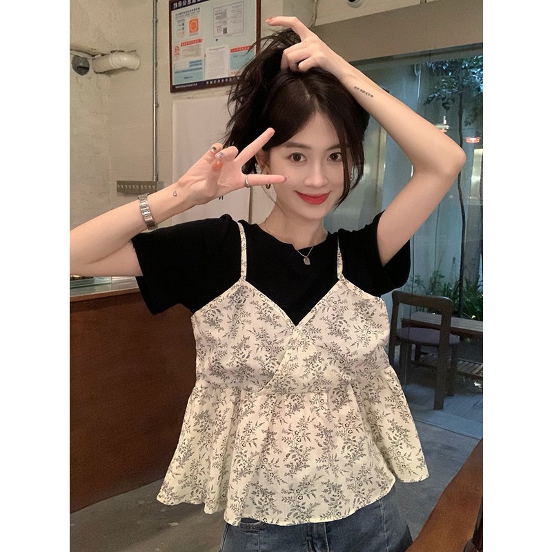 Áo Thun Ngắn Tay Giả Hai Lớp Họa Tiết Hoa Thời Trang Mùa Hè Cho Nữ Lên Đến 300KG