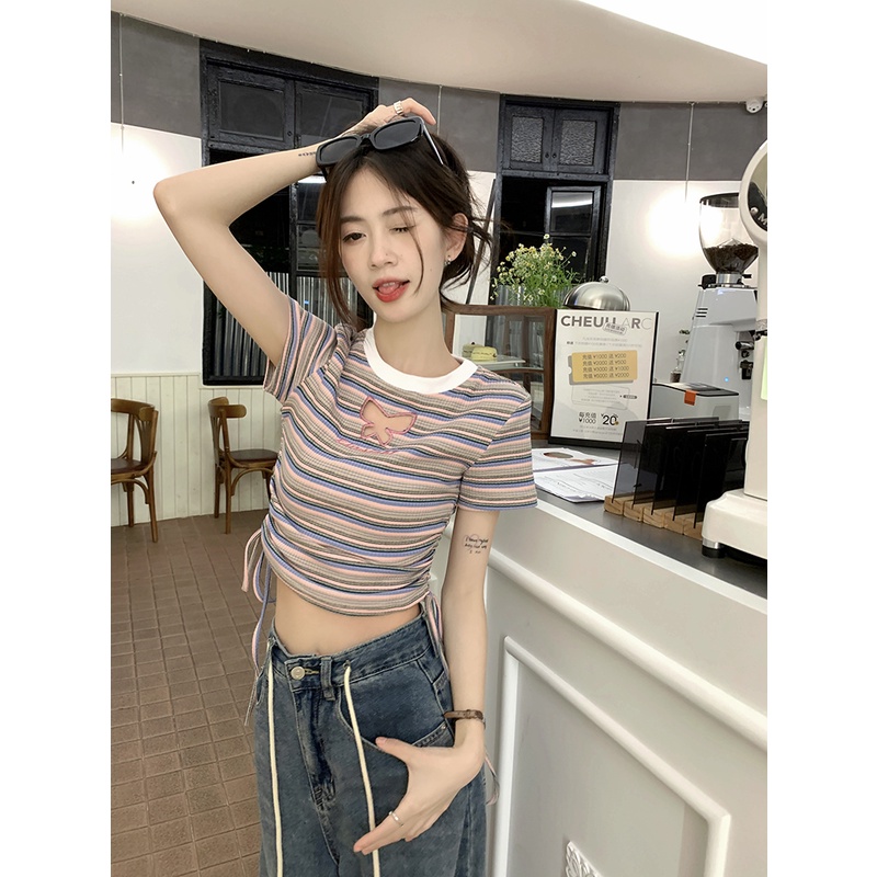 Áo Thun Ngắn Tay Khoét Lỗ Họa Tiết Sọc Hình Bướm Thời Trang Dành Cho Nữ