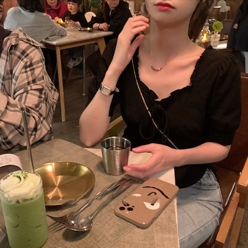 IELGY  Áo Sơ Mi Tay Phồng Ngắn Cổ Chữ v Thắt Eo Phong Cách retro Dành Cho Nữ