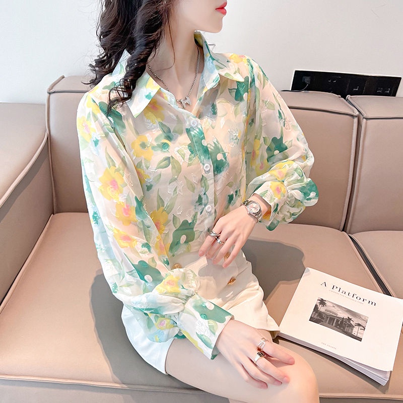 Áo Sơ Mi Chiffon Tay Dài Dáng Rộng In Họa Tiết Thời Trang Mùa Hè Xinh Xắn Cho Nữ