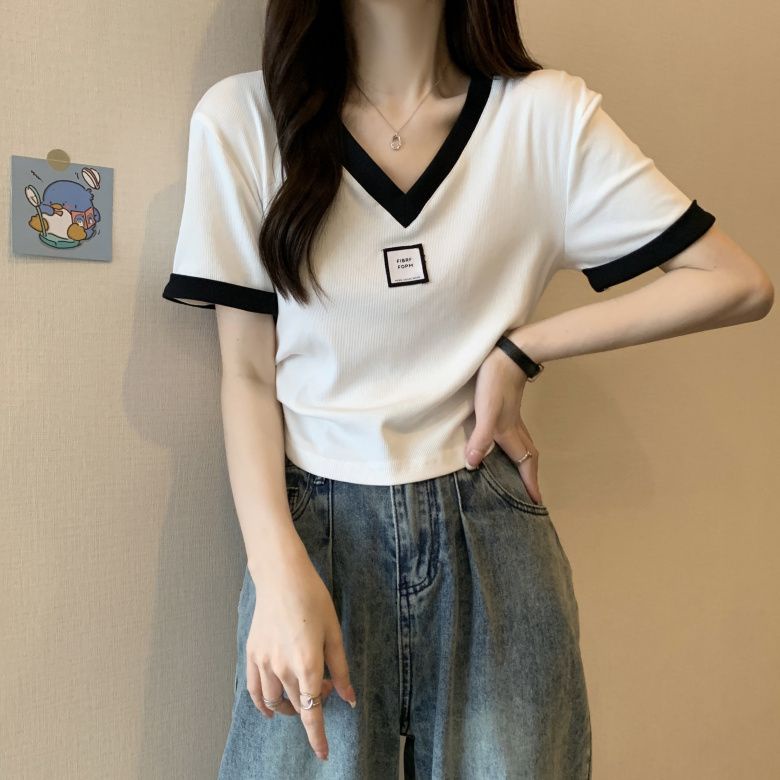 Áo Thun Ngắn Tay Cổ Chữ V Màu Sắc Tương Phản Thời Trang Mùa Hè Thoải Mái