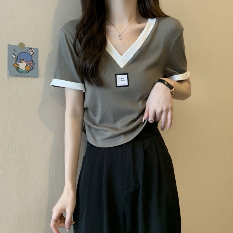 Áo Thun Ngắn Tay Cổ Chữ V Màu Sắc Tương Phản Thời Trang Mùa Hè Thoải Mái