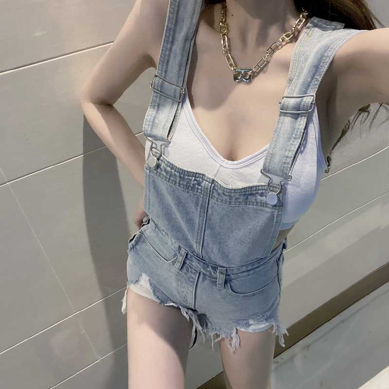 Jiashucheng Quần Yếm Denim Ngắn Mỏng Dáng Rộng Rách Phong Cách Phương Tây Thời Trang Mùa Hè Hàn Quốc Cho Phụ Nữ Tuổi Trung Niên