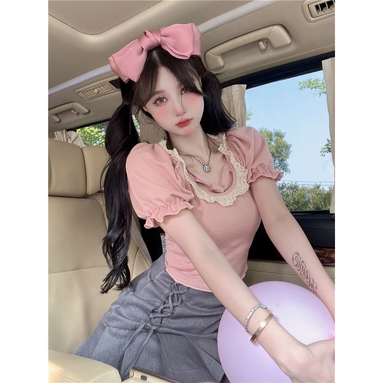 COZOK Áo Thun Tay Ngắn Cổ Vuông Phối Ren Thời Trang