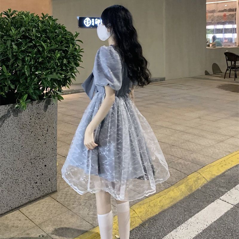 Đầm Dài Qua Gối Tay Phồng Đính Nơ Phong Cách Retro Pháp Thời Trang Mùa Hè Dành Cho Học Sinh