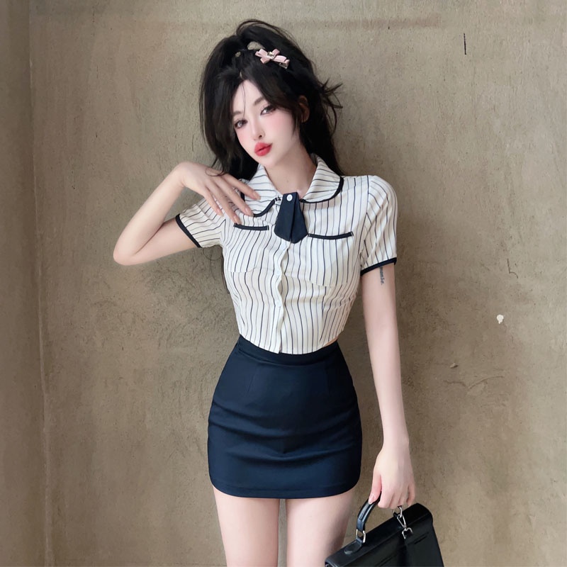 Bộ Đồng Phục Áo Sơ Mi Kẻ Sọc + Chân Váy Ngắn Ôm Hông Mềm Mại Phong Cách Preppy Hàn Quốc Thời Trang Mùa Hè Cho Nữ