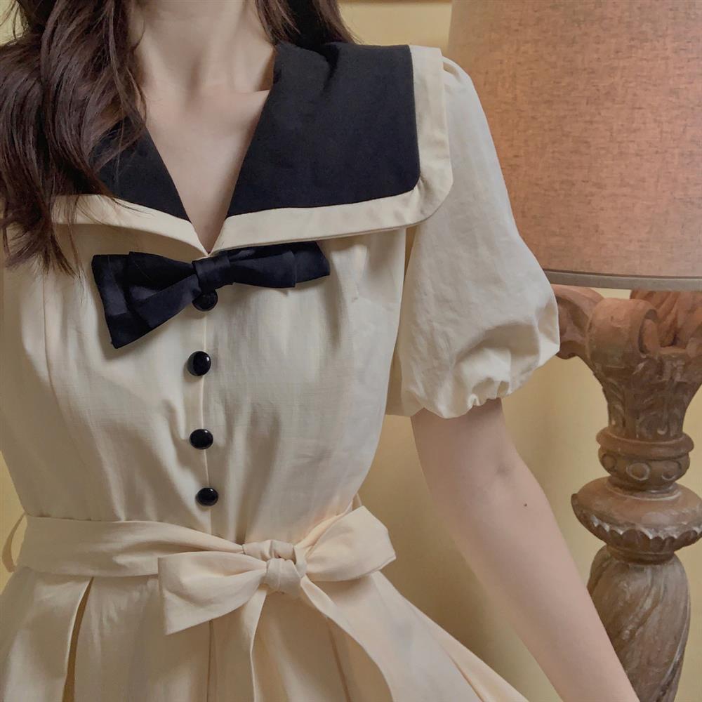Đầm Dài Cổ Thủy Thủ Ôm Eo Thoải Mái Phong Cách Retro Pháp Ngọt Ngào Cho Nữ