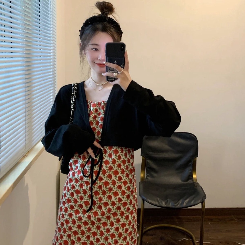 Jiashucheng Set Áo Váy Hai Dây Kèm Áo Khoác Cardigan Ngắn Phong Cách Thời Trang Xuân Hè Mới 2023