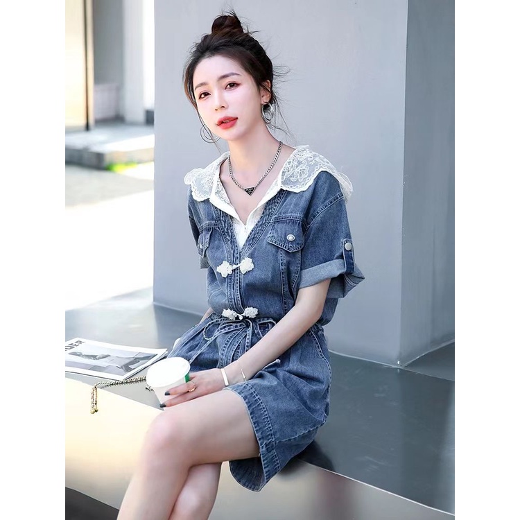 Áo liền quần denim Phối Ren Có Mũ Trùm Thời Trang vintage