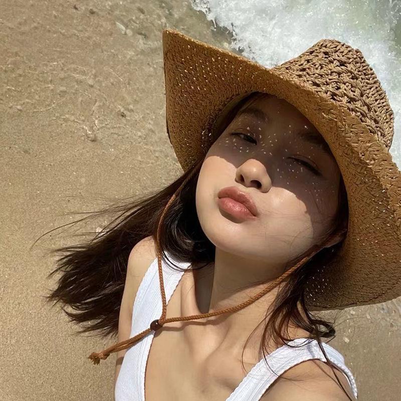 Mũ Cói Cao Bồi Chống Nắng Mùa Hè Có Dây Rút Tùy Chỉnh Phong Cách Cao Bồi Phương Tây Cổ Điển