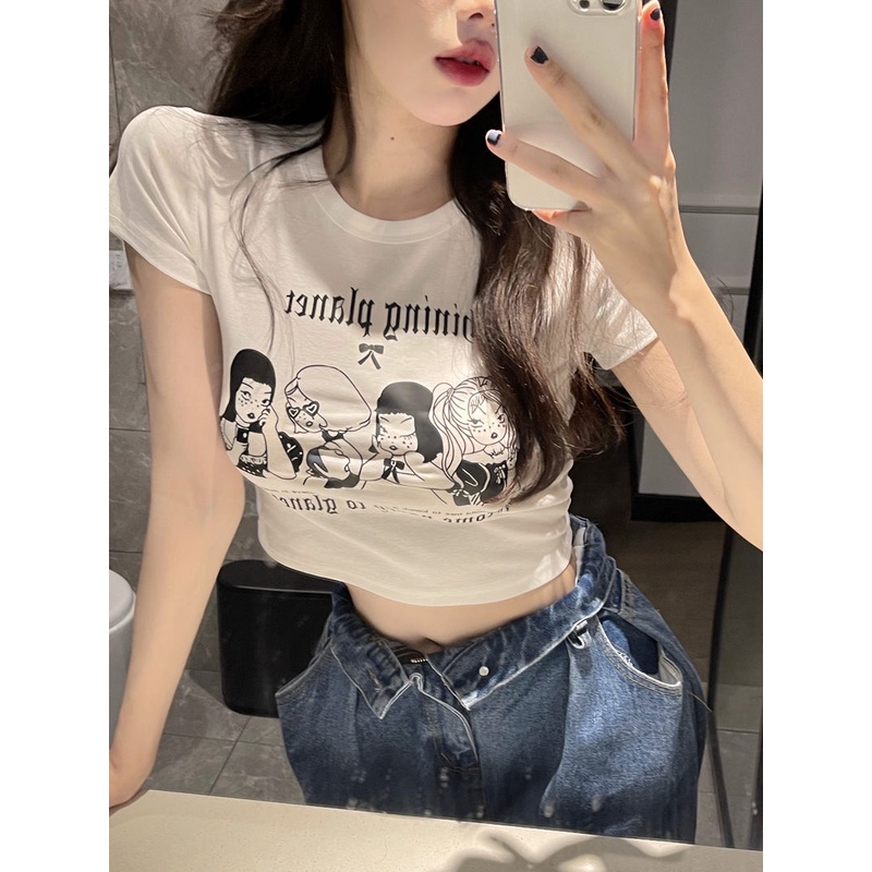 Áo Thun Tay Ngắn Hở Vai Dáng Ôm Phong Cách Mỹ Thời Trang Mùa Hè Cho Nữ