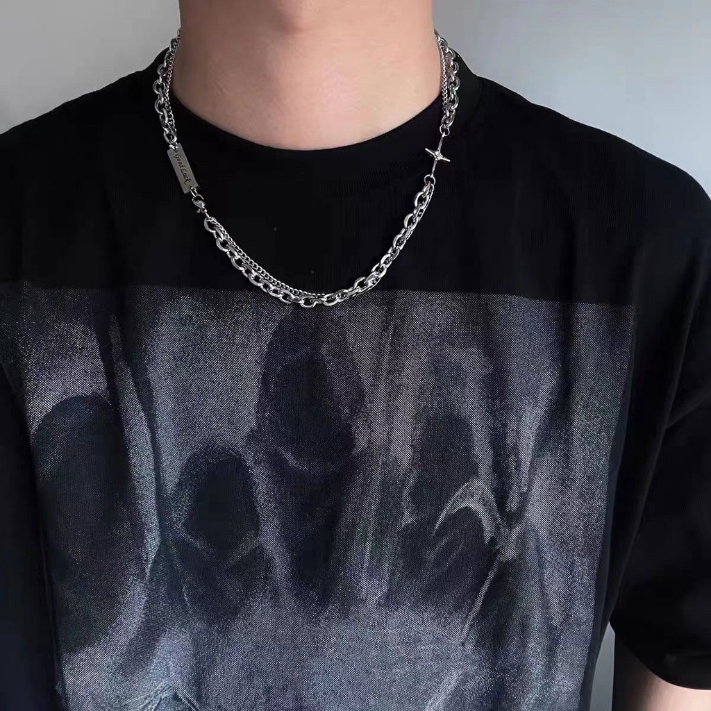 Vòng cổ Hai Lớp Bằng Thép Titan Mặt Thánh Giá Phong Cách hip hop Cá Tính Cho Nam Và Nữ