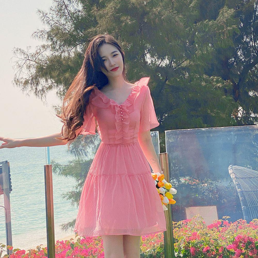 Đầm Ngắn Dáng Chữ A Cổ Chữ V Tay Phồng Màu Hồng Thời Trang Mùa Hè Dành Cho Nữ