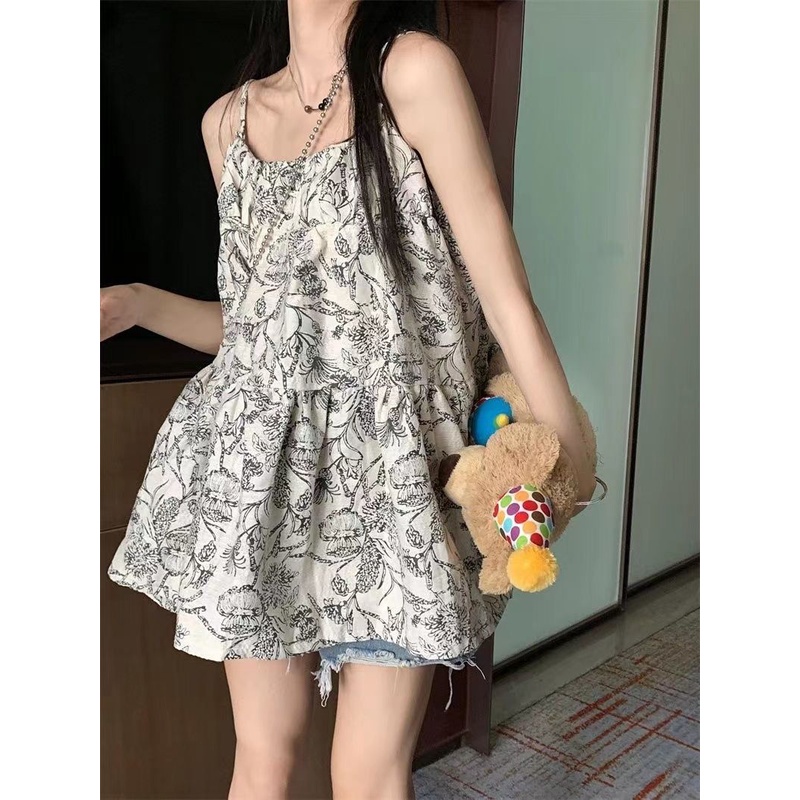 Jiashucheng Đầm Hoa Dáng Rộng Không Tay Dễ Phối Đồ Ngọt Ngào Phong Cách Pháp Cho Nữ