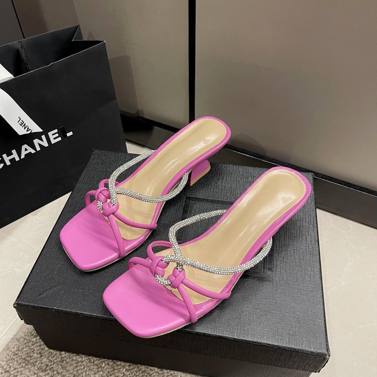 Giày Sandal Cao Gót Mũi Vuông Đính Đá Thời Trang Cho Nữ