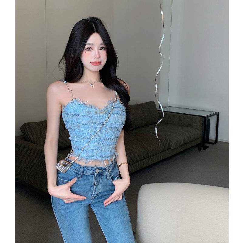 Bán Chạy ~ Áo Hai Dây Ngắn Phối Tua Rua Màu Xanh Dương Ngọt Ngào Cho Nữ