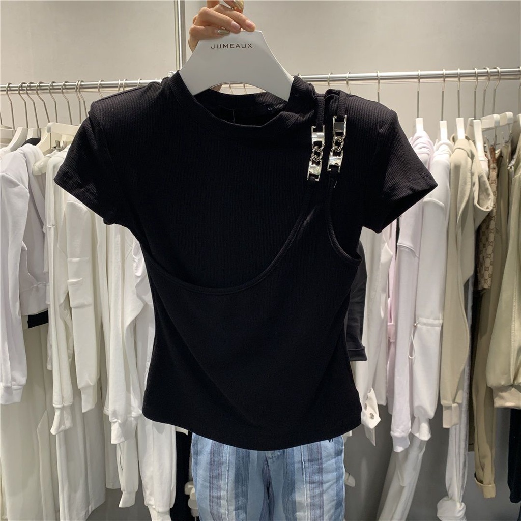 Áo Thun Tay Ngắn Dáng Ôm Cài Khóa Kim Loại Thời Trang Mùa Hè Hàng Mới Phong Cách Châu Âu Dành Cho Bạn Nữ