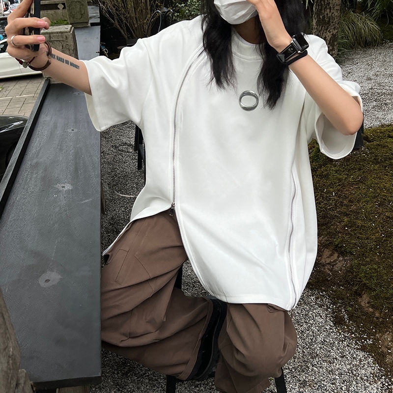 Áo Thun Tay Ngắn Cổ Tròn Dáng Rộng Phối Khóa Kéo Thiết Kế Không Đồng Đều Cao Cấp Thời Trang Mùa Hè Cho Nữ