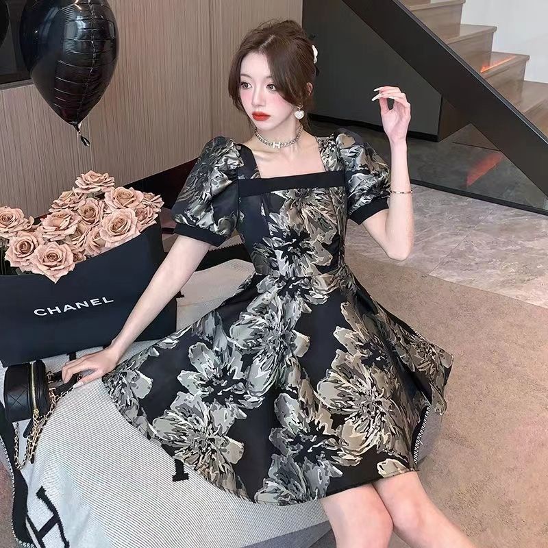 Ssnsummer Đầm Cổ Vuông In Họa Tiết Mực In Thời Trang Mùa Hè Ngọt Ngào Cho Nữ