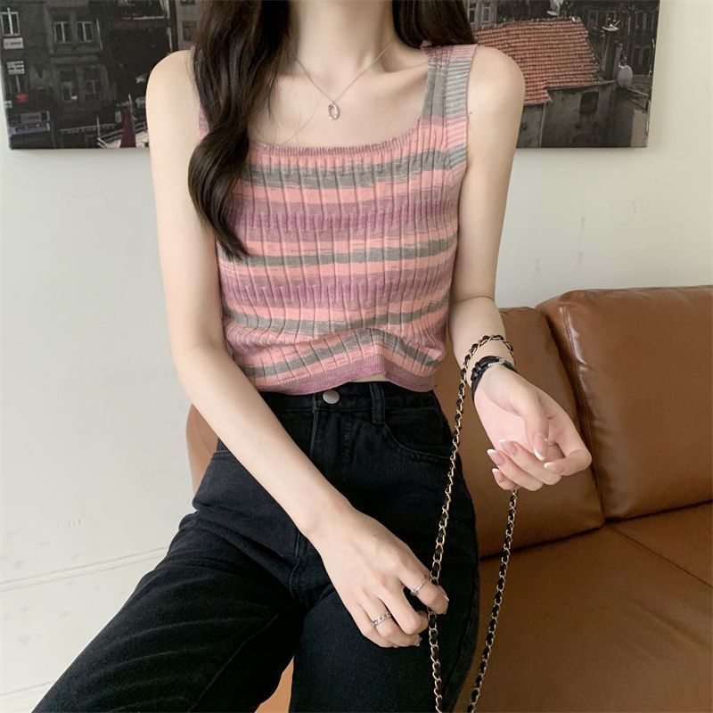 Áo Dệt Kim Hai Dây Cổ Vuông Họa Tiết Kẻ Sọc Nhiều Màu Sắc Thời Trang Mùa Hè Dành Cho Nữ