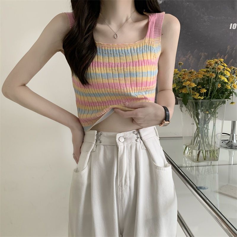 Áo Dệt Kim Hai Dây Cổ Vuông Họa Tiết Kẻ Sọc Nhiều Màu Sắc Thời Trang Mùa Hè Dành Cho Nữ