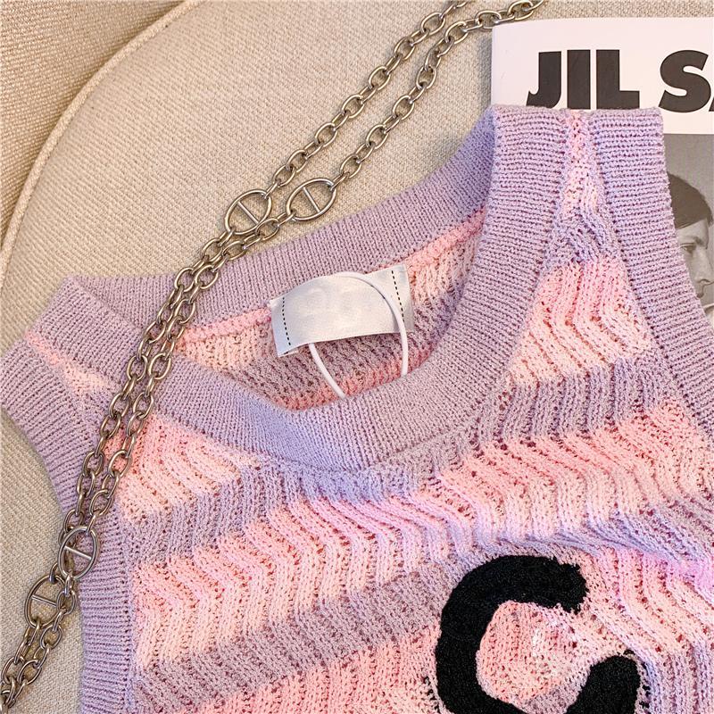 Áo Dệt Kim Hai Dây Dáng Ôm Ngắn Họa Tiết Kẻ Sọc Màu Hồng Thời Trang Mùa Hè Xinh Xắn Cho Nữ