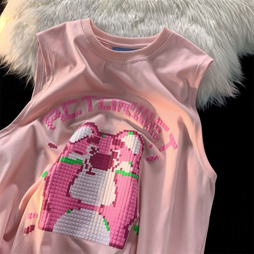 Áo Thun Thể Thao Sát Nách Dáng Rộng Vải Lụa Lạnh In Hoạt Hình Gấu / Búp Bê Barbie Kiểu Hip-Hop Thời Trang Mùa Hè Cho Nam Và Nữ