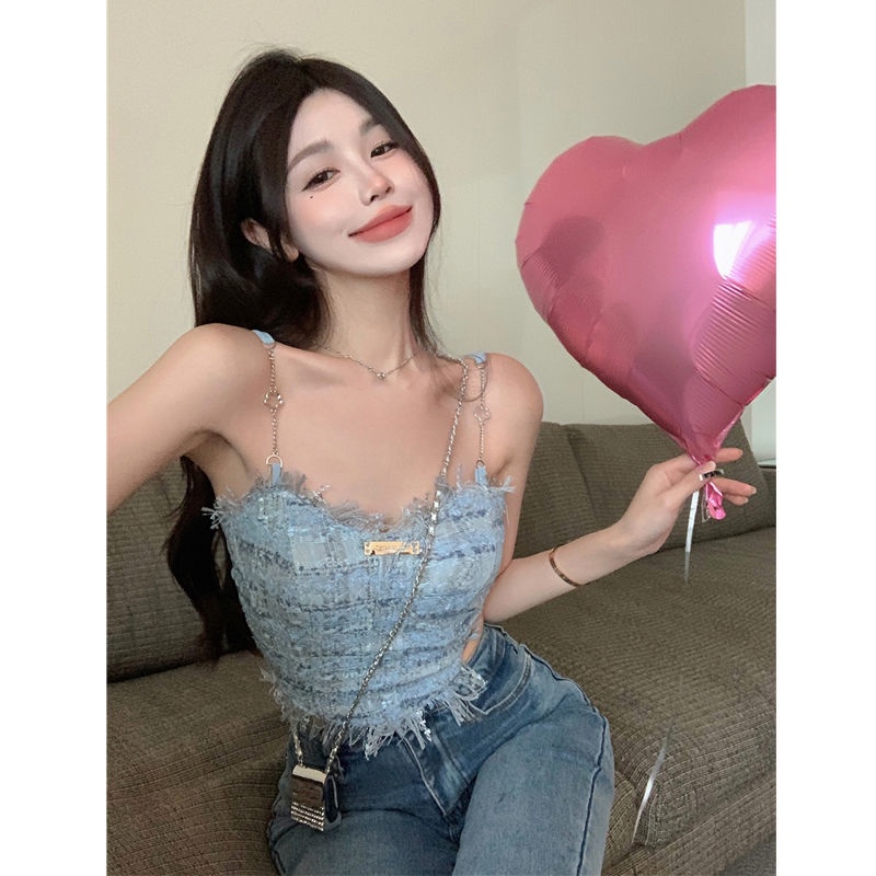 Bán Chạy ~ Áo Hai Dây Ngắn Phối Tua Rua Màu Xanh Dương Ngọt Ngào Cho Nữ